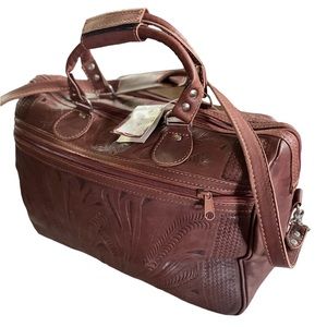 Ropin West Hand Tooled Genuine Leather Weekender Carry-on. Brown. 18"L x 11.5"H